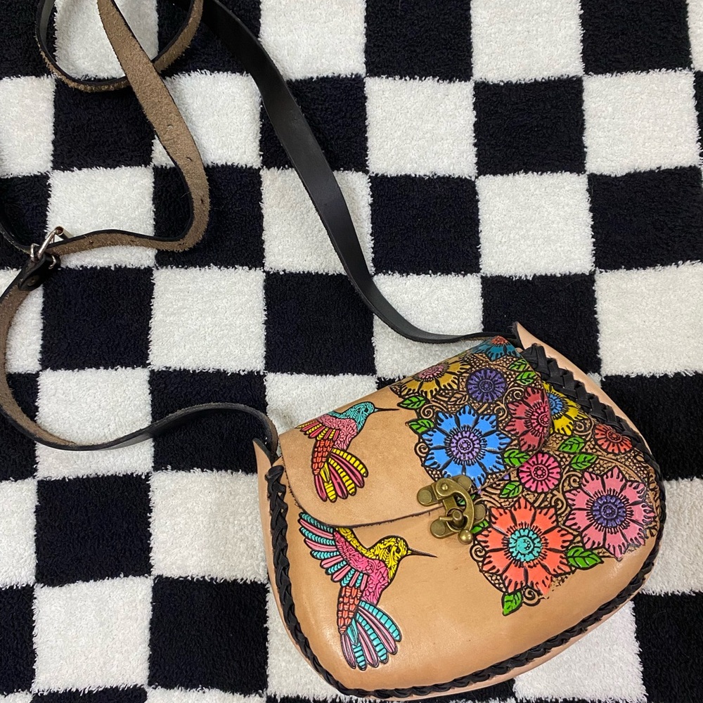 Floral and Bird Design Tan leather Crossbody Bag
